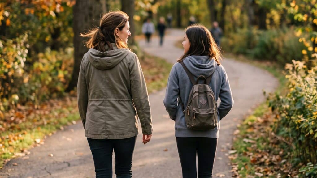 Madre e figlia adolescente camminano fianco a fianco su un sentiero