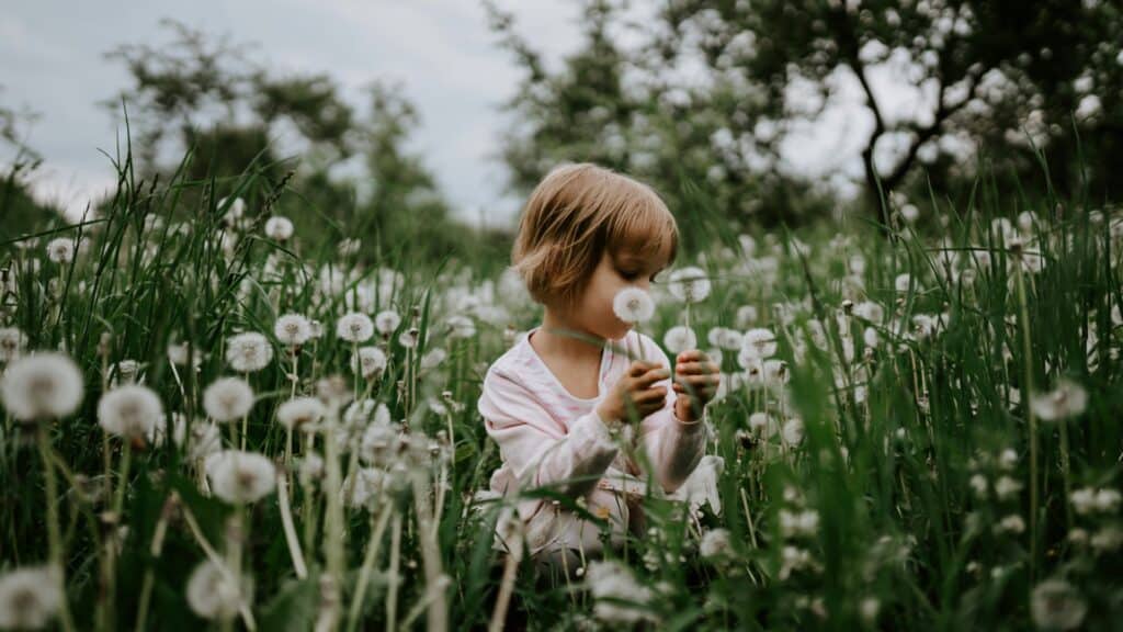 Bambina in un campo di soffioni, metafora del bambino interiore